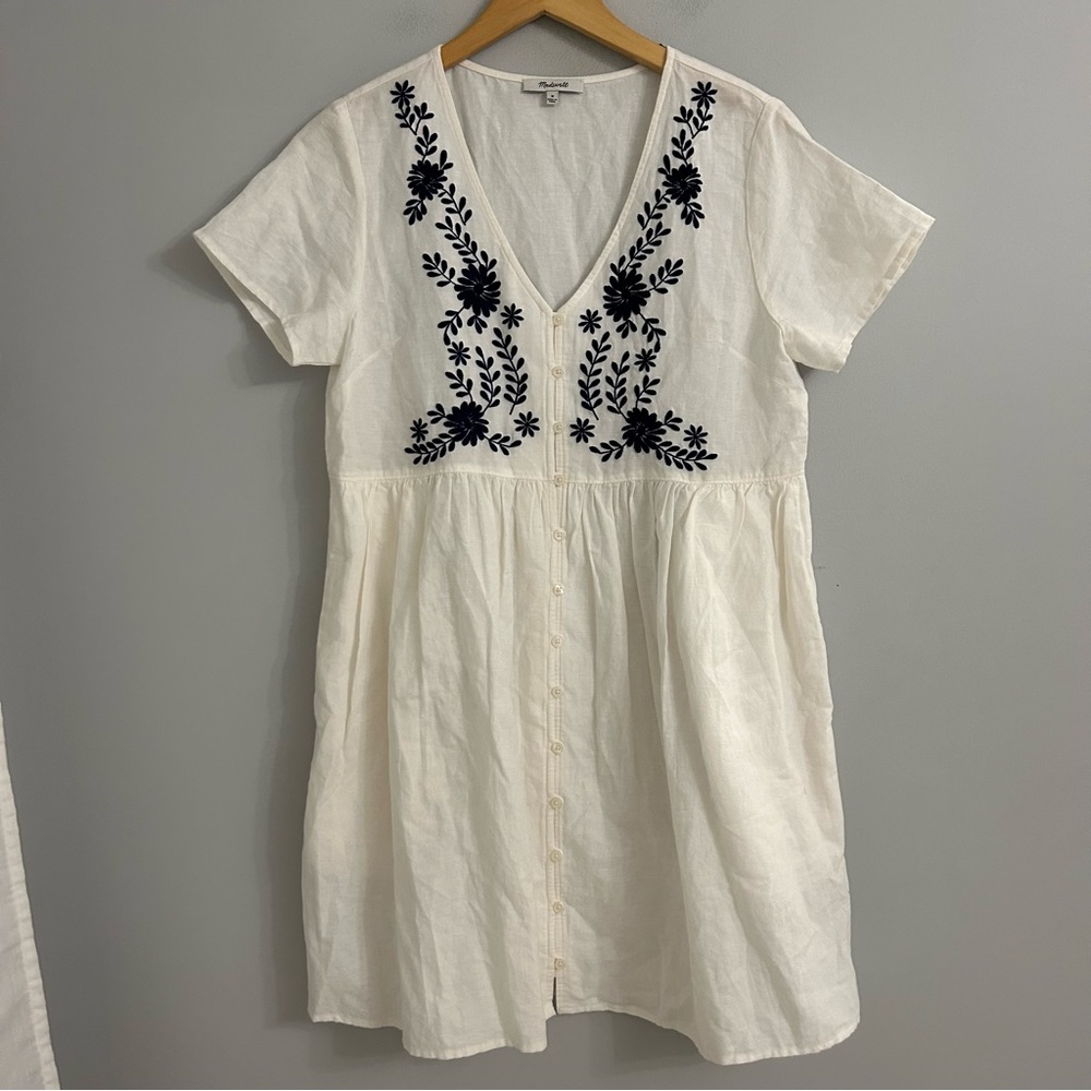 Madewell White Navy Embroidered Linen-Blend Alexandra Button-Front Mini Dress - Picture 4 of 8